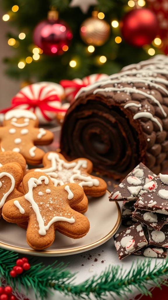 An assortment of Christmas desserts including gingerbread cookies, Yule log cake, and peppermint bark on a festive table.